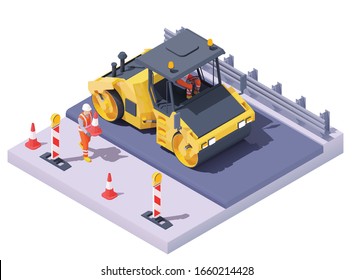 Vector isometric road roller at road construction site. Asphalt paving process, repair and maintenance. Vibration roller and workers building new road, traffic cones and signs