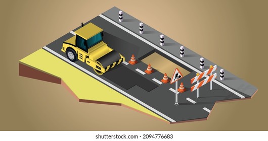 Vector isometric road roller at road construction site.Asphalt paving process, repair and maintenance. Vibration roller and workers building new road, traffic cones and signs