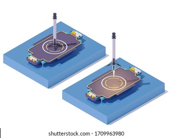 Vector isometric rocket landing on barge. Space ship sea launch or landing. Autonomous spaceport drone ship on water