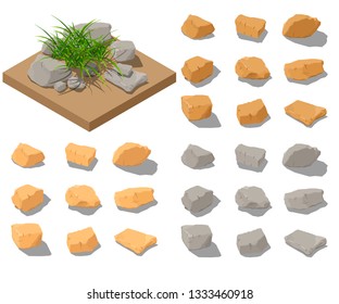 Vector isometric rocks clipart. Stones set in different colors for illustrations isolated on white with semitransparent shadows.