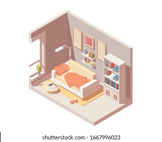 Vector Isometric room interior icon. Illustration includes sofa, bookshelf, table n others room furniture and equipment. Isolated on white.
