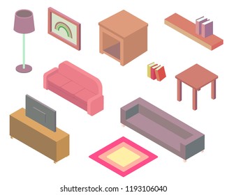 Vector isometric room made in modern design using bright colors.