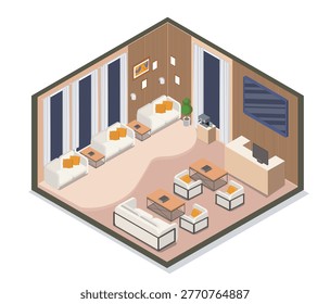 Vector Isometric room showing modern lounge seating, sofas, chairs, tables, decor and warm wood accents on a clean white background, illustrating a comfortable hand-drawn interior design concept