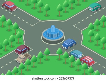 Vector Isometric Roundabout Fountain Road Cars