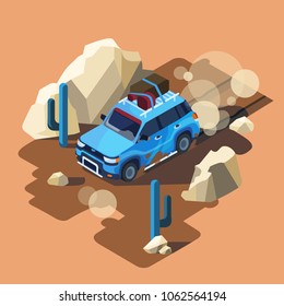 Vector isometric safari car riding through dusty desert cactus landscape. Blue offroad vehicle adventure, travelling. 4x4 auto expedition concept. Extreme sport SUV countryside journey illustration