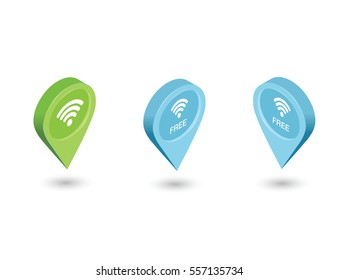 Vector isometric sat of map pointer with wi-fi symbol, 3d flat map geotag icons. Free wi-fi internet connection place