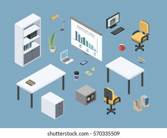 Vector isometric sat of office furniture, 3d flat interior design elements, working place icons 