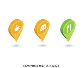 Vector isometric sat of  public catering map pointer pin, 3d flat design geo tag, fast food or restaurant sign icon.
