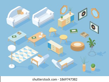 Vector Isometric Scandinavian Style Furniture Collection. Couch, Armchair, Carpet, Plants, Drawer, Decorations, Table, Deckchair.