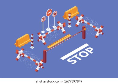 Vector isometric scene with closed country border because of coronavirus. Blue background, people protection