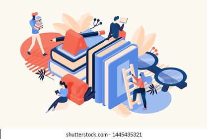 Vector isometric scene with large books, glasses, letter a and reading people. Drawn with bright orange and blue colors educative isolated on background concept illustration