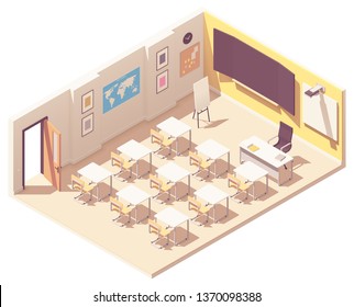 Vector Isometric School Classroom Interior Cross-section. School Desks, Chairs, Blackboard, Projector With Screen