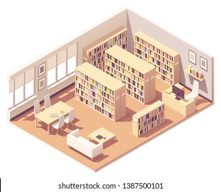 Vector isometric school, college or university library interior cross-section. Bookshelves with piles of books, sofa, desk and chairs for readers, librarian workplace