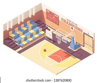 Vector Isometric School, College Or University Gymnasium Basketball Court Interior Cross-section. Rows Of Seats, Basketball Goal, Scoreboard