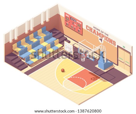 Vector isometric school, college or university gymnasium basketball court interior cross-section. Rows of seats, basketball goal, scoreboard