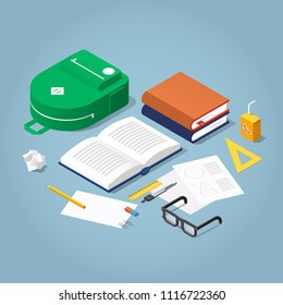 Vector isometric school homework concept illustration. Stack of books, backpack surrounded with papers and, stationery. Read up for exams.