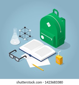 Vector isometric school homework concept illustration. Open books, backpack, papers and, stationery. Read up for exams.