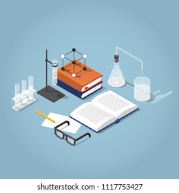 Vector isometric school homework illustration. Studying chemistry illustration. Stack of books with test tubes, open book, glasses and chemistry equipment. Read up for exams concept.