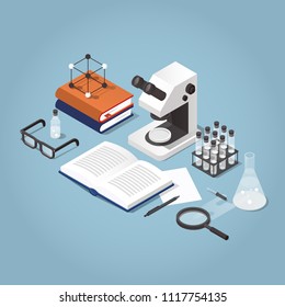 Vector isometric school homework illustration. Studying chemistry illustration. Stack of books with test tubes, open book, microscope, glasses and chemistry equipment. Read up for exams concept.