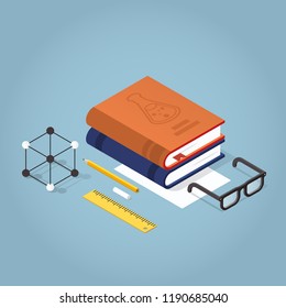 Vector isometric school homework  illustration. Stack of books with reading glasses, atomic model, papers, stationery. Read up for exams concept.