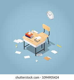 Vector isometric school illustration. School dest with stack of books on it, surrounded with papers and stationery, with a clocks on a wall behind. Read up for exams in a classroom concept.