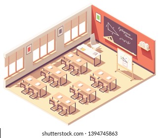 Vector isometric school mathematics classroom interior cross-section. School desks, chairs, blackboard