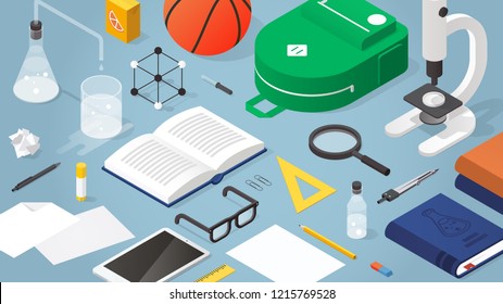 Vector isometric school supplies illustration. Layout of school stationery, books, backpack, basketball, papers, glasses, microscope and  electronic devices. School subjects and activities concept.