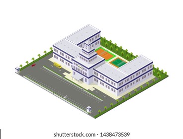 Vector isometric school or university building with parking area and sport field
