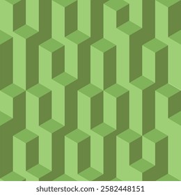 Vector isometric seamless pattern. Infinitely repetitive cubical prism pattern in green. Asymmetrical and chaotic, random. Visual illusion, 3D backdrop