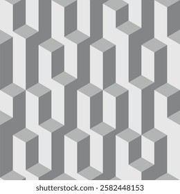 Vector isometric seamless pattern. Infinitely repetitive cubical prism pattern in black and white, shades of grey. Asymmetrical and chaotic, random texture. Visual illusion, 3D background