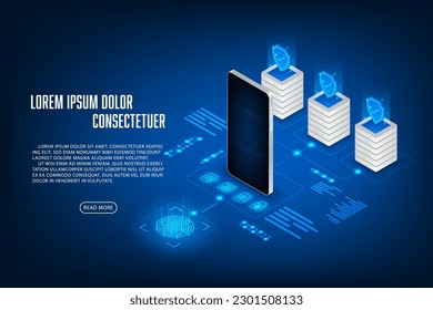 Vector isometric security server storage concept. Technology fingerprint unlock mobilephone.