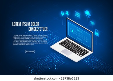 Vector isometric security system with laptop concept.