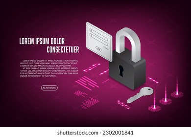 Vector isometric security systems with lock and key concept Technology abstract background.