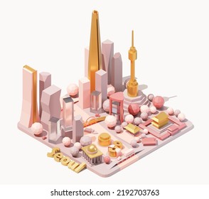 Vector isometric Seoul skyline, South Korea. Low poly illustration. Fictional isometric map. Korean landmarks and famous buildings