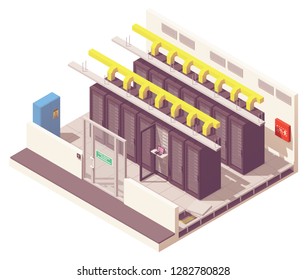 Vector isometric server room or data center with server racks and air conditioning system and card reader access. Big data processing, blockchain technology, cryptocurrency mining or cloud computing