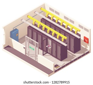 Vector isometric server room or data center with server racks and air conditioning system and card reader access. Big data processing, blockchain technology, cryptocurrency mining or cloud computing