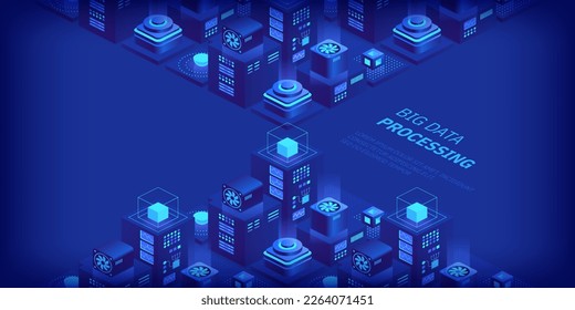 Vector isometric server room. Quantum computer. Cloud storage data center. Web hosting. Big data processing and computing technology. Large calculations on a supercomputer. Server farm communication.