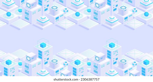 Vector isometric server room. Quantum computer. Cloud storage data center. Web hosting. Big data processing and computing technology. Large calculations on a supercomputer. Server farm communication.