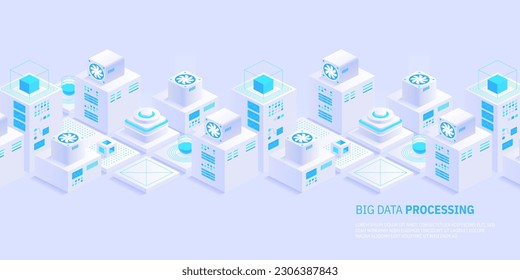 Vector isometric server room. Quantum computer. Cloud storage data center. Web hosting. Big data processing and computing technology. Large calculations on a supercomputer. Server farm communication.