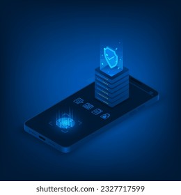 Vector isometric server storage concept. Mobilephone security documents isometric.