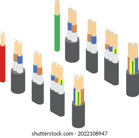 Vector isometric set of armored electric cable wires on white background
