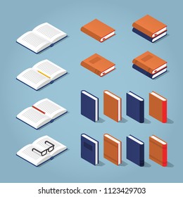 Vector isometric set of books. Collection of differently colored and designed books - standing book, the side, with decorated covers and stacks of books.