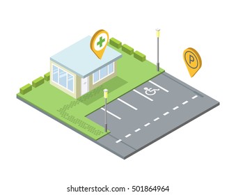 Vector isometric set of city element, parking place geo tag pin icon, streetlights, invalid place sign, road, shop, pharmacy,  drugstore pin icon, 3D flat design 
