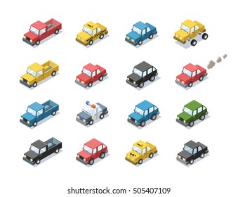 Vector isometric set of city passenger transport, car, taxi, police, minivan, cat with exhaust, 3D flat design, cartoon cute car icons  