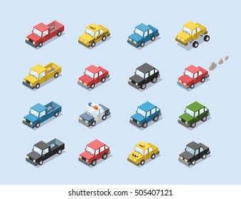 Vector isometric set of city passenger transport, car, taxi, police, minivan, cat with exhaust, 3D flat design, cartoon cute car icons  