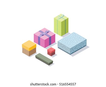 Vector isometric set of colorful gift boxes, 3D flat design present icon 