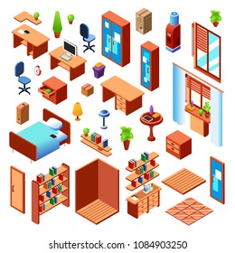 Vector isometric set to create domestic living room, bedroom or working interior, furniture objects collection.