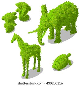 Vector isometric set of decorative bushes in forms of animals (dancing dolphins, giraffe, turtle, elephant)