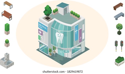 Vector Isometric Set Of Dental Clinic And Other Element.
