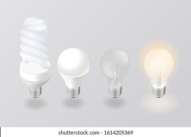 Vector Isometric set of electric lighting type . Light bulb, cfl and led lamp. Icons Set